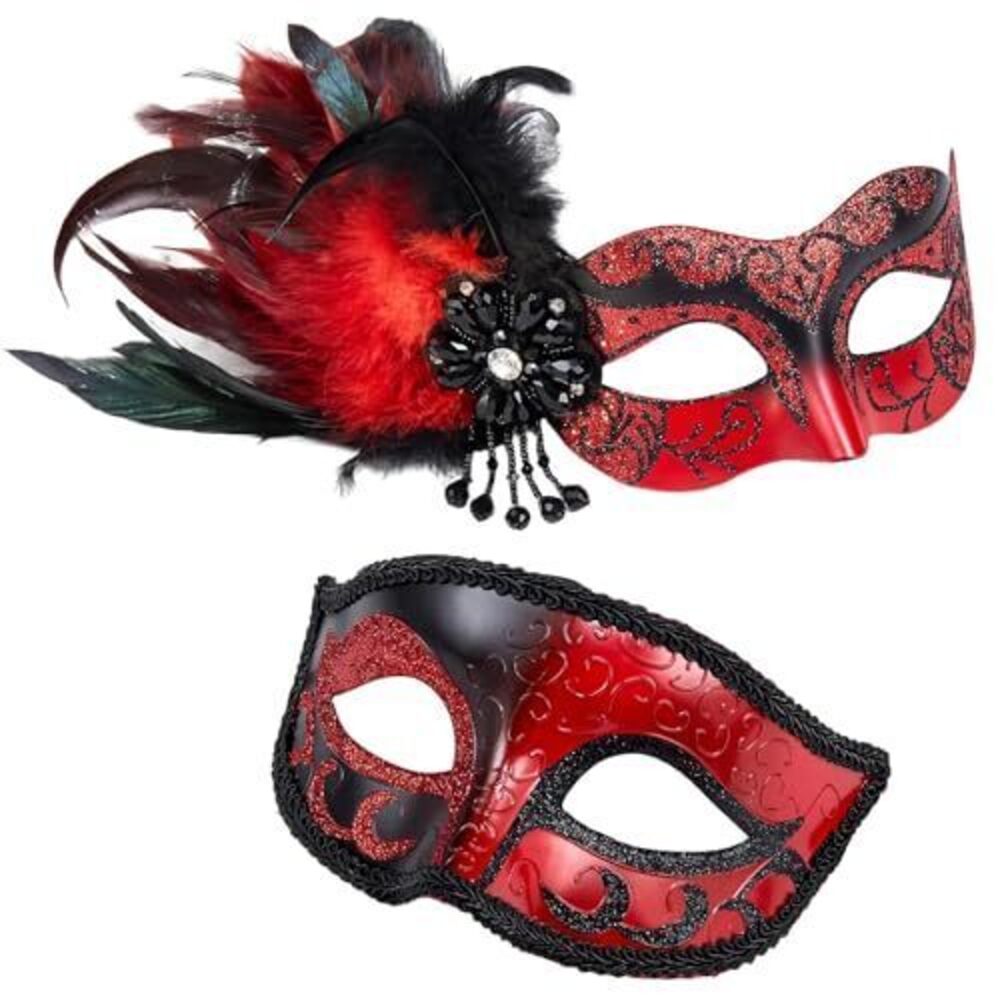 1128 2025 New Masquerade Venetian Mask Couples with Feathers - Red